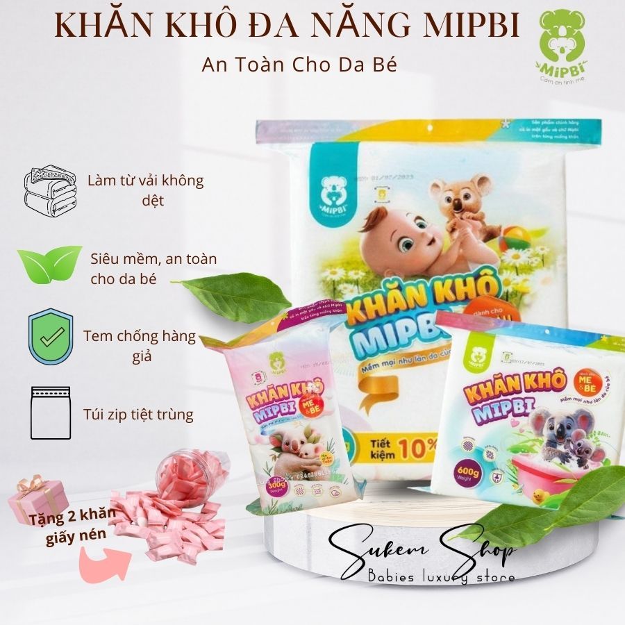 Khăn Vải Khô Mipbi Siêu Mềm Mịn Cho Da Bé Sơ Sinh Tặng 2 Khăn Giấy Nén Đa