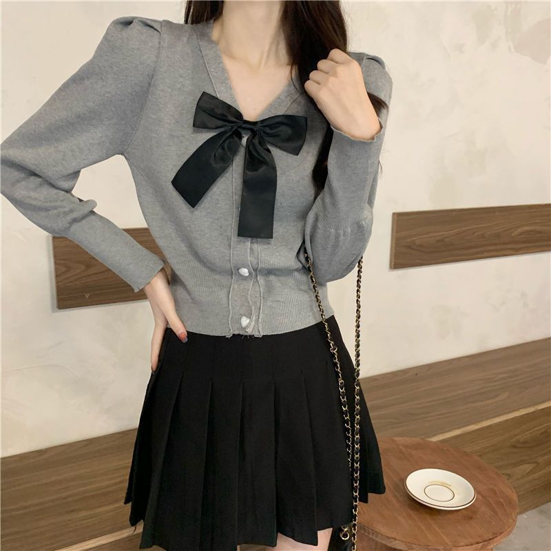 Áo sơ mi len kiểu nữ Cardigan Tay dài Phối nơ Dáng ôm Cổ V Áo len sơ mi nữ Kiểu dáng Cardigan Form ôm