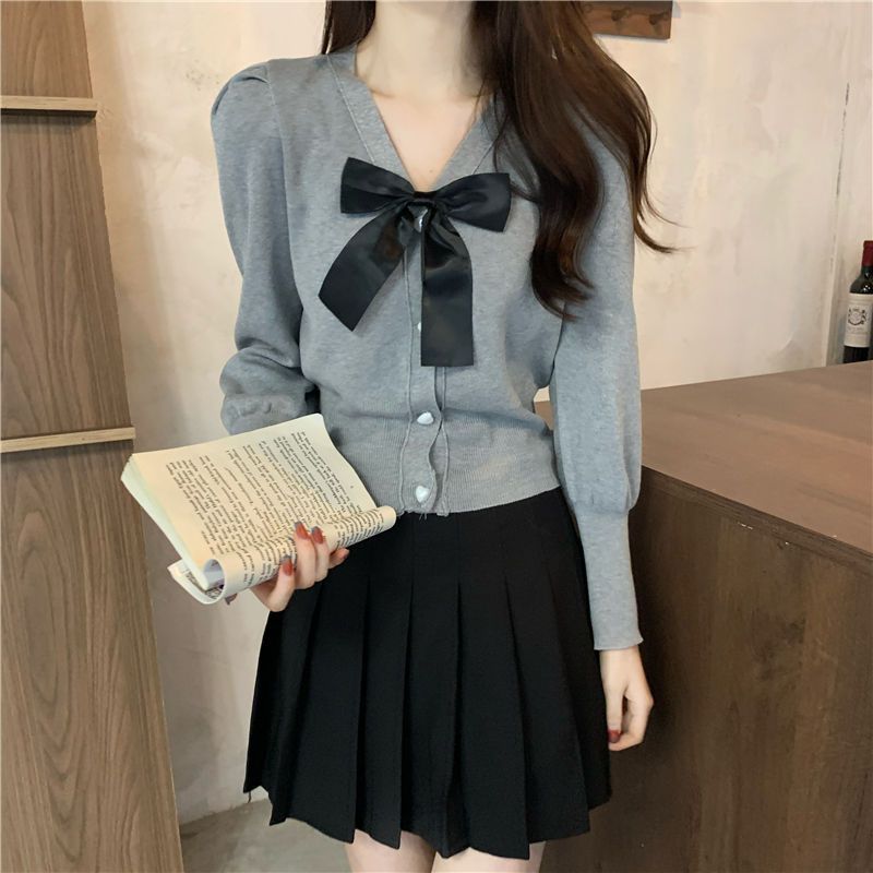 Áo sơ mi len kiểu nữ Cardigan Tay dài Phối nơ Dáng ôm Cổ V Áo len sơ mi nữ Kiểu dáng Cardigan Form ôm