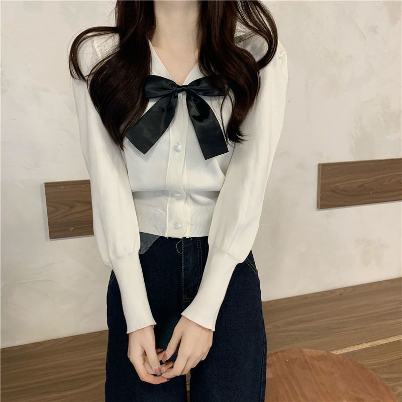 Áo sơ mi len kiểu nữ Cardigan Tay dài Phối nơ Dáng ôm Cổ V Áo len sơ mi nữ Kiểu dáng Cardigan Form ôm