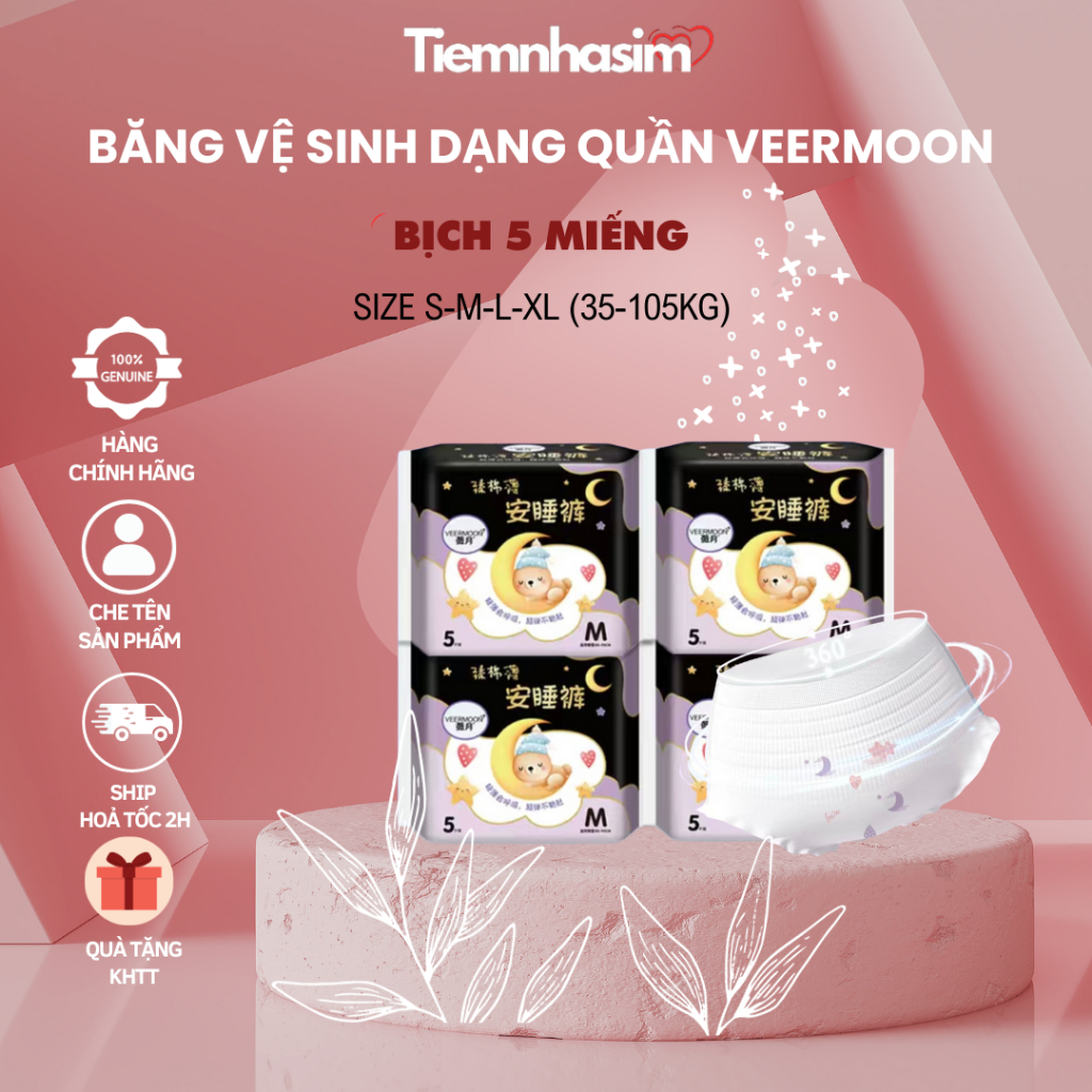 Băng vệ sinh dạng quần Veermoon ban đêm size S/M/L/XL gói 5 cái mềm mại, thấm hút, thoải mái và tiện lợi