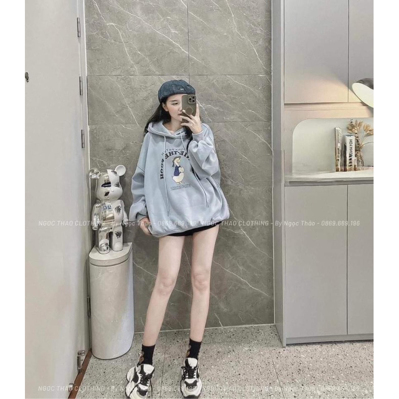 Áo hoodie nỉ bông màu xanh pastel VỊT Winnie The Pooh, Áo Hoodie form rộng mũ 2 lớp dày dặn