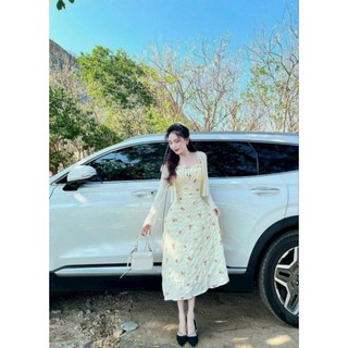 Đầm dài kèm áo khoác thời trang nữ chất liệu Lụa áo khoác Thun Gân tay dài Đầm cổ dây có mút in Hoa