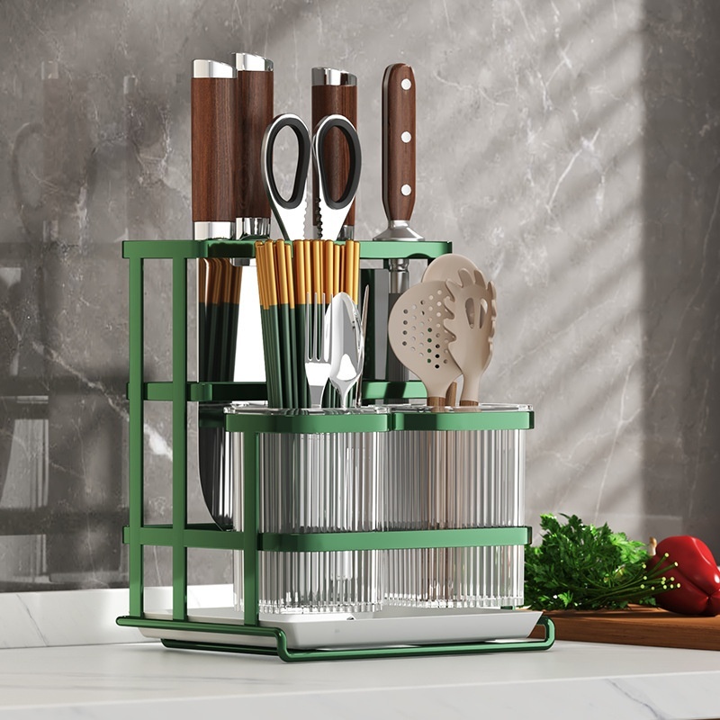 Ống đựng đũa muỗng meka 2 khay đựng khung kim loại có khay hứng nước phong cách Bắc Âu sang trọng, ống đựng đũa thìa