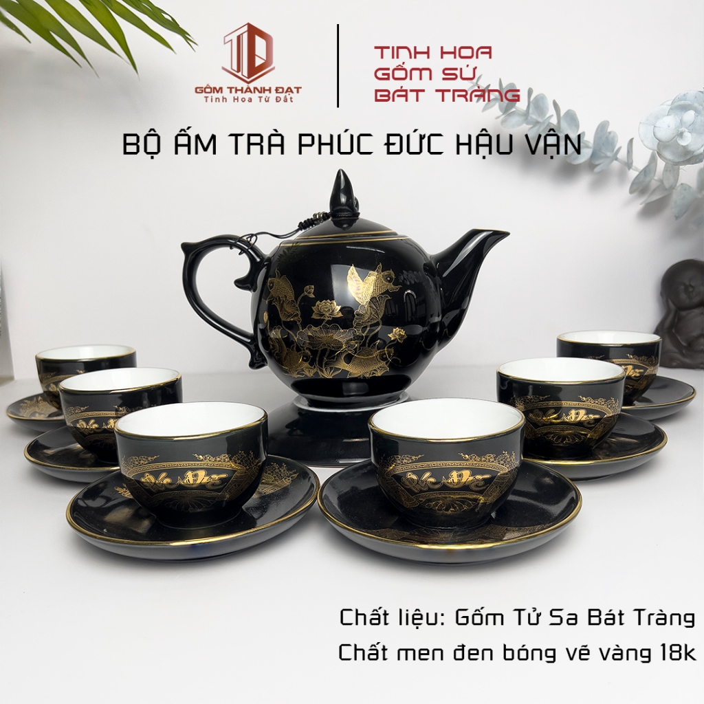 Bộ Ấm Trà Phúc Đức Hộ Vận Bát Tràng Men Đen - Hàng Cao Cấp Chuyên Quà Tặng Biếu Hiếu Hỉ