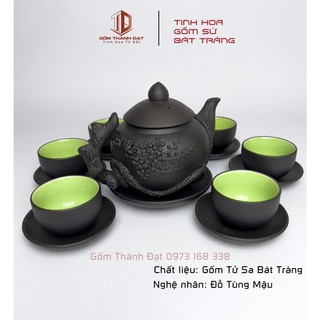 Bộ ấm trà tử sa bát tràng hoa mai đắp nổi lòng chén men xanh bộ ấm chén uống trà cao cấp quà tặng biếu hiếu hỉ