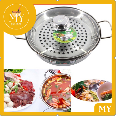 Nồi lẩu vung kính kèm xửng hấp TITHAFAC Cao cấp - Nồi lẩu hấp inox nắp kính đa năng size 20cm đến28cm