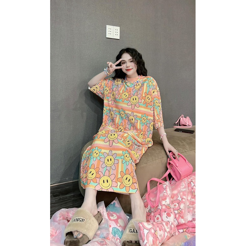 Đầm suông thun thái xếp ly dáng dài freesize váy form rộng trendy