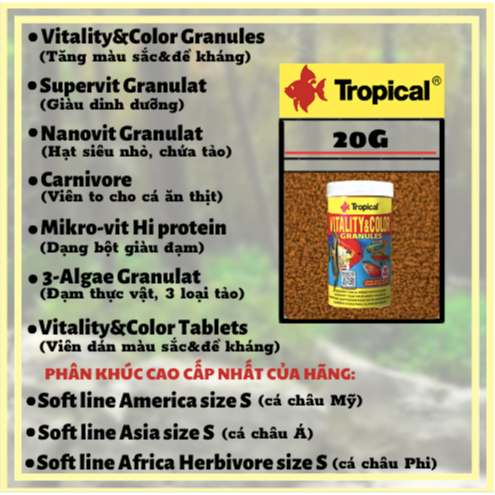 [DÙNG THỬ]Cám cá cảnh Tropical chiết 20g - Thức ăn cá cao cấp các loại tăng màu, sức đề kháng, siêu tảo, hạt nhỏv.v