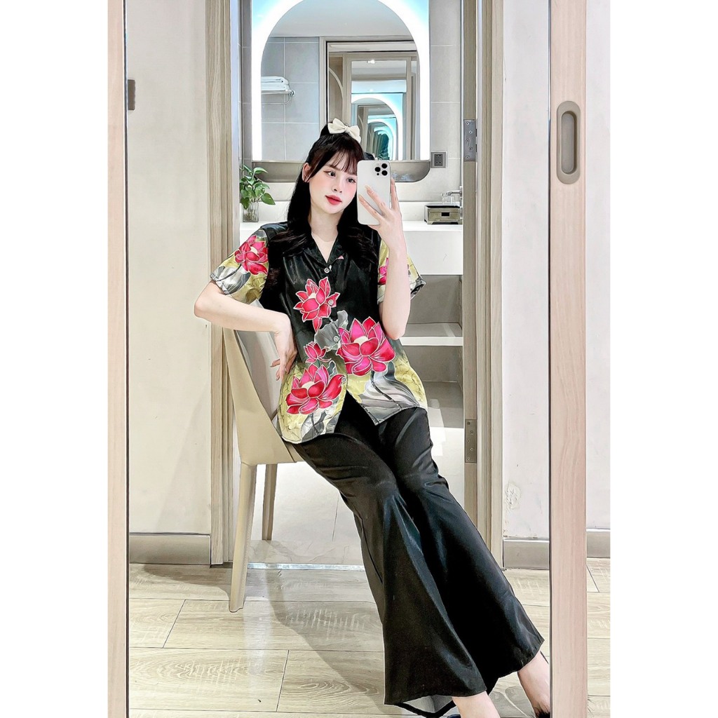PYJAMA NỮ LỤA XƯỚC HOA ĐỎ ĐEN - đồ bộ mặc nhà