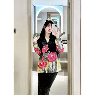 PYJAMA NỮ LỤA XƯỚC HOA ĐỎ ĐEN - đồ bộ mặc nhà