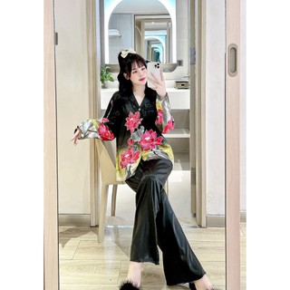 PYJAMA NỮ LỤA XƯỚC HOA ĐỎ ĐEN - đồ bộ mặc nhà
