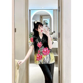 PYJAMA NỮ LỤA XƯỚC HOA ĐỎ ĐEN - đồ bộ mặc nhà