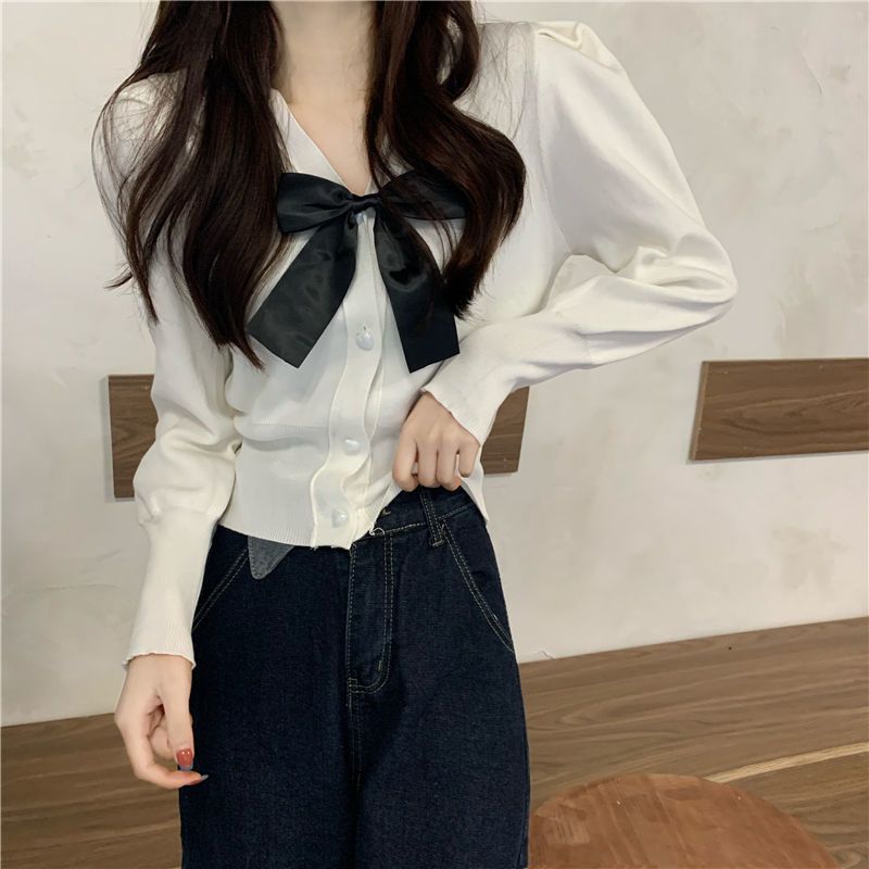 Áo sơ mi len kiểu nữ Cardigan Tay dài Phối nơ Dáng ôm Cổ V Áo len sơ mi nữ Kiểu dáng Cardigan Form ôm