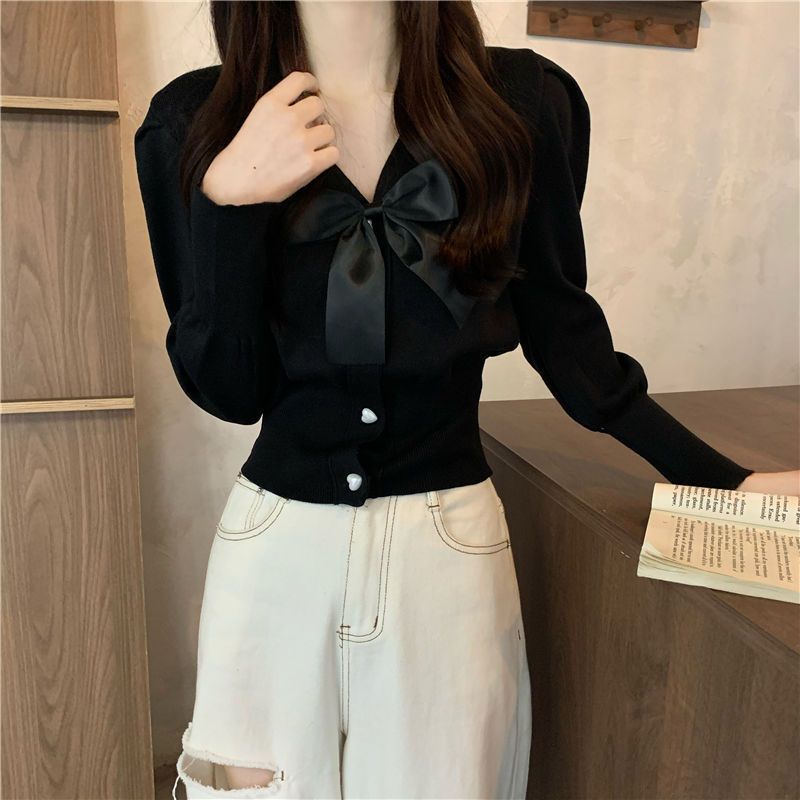 Áo sơ mi len kiểu nữ Cardigan Tay dài Phối nơ Dáng ôm Cổ V Áo len sơ mi nữ Kiểu dáng Cardigan Form ôm