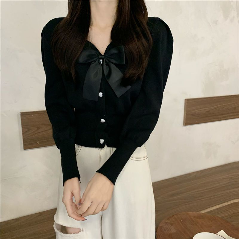 Áo sơ mi len kiểu nữ Cardigan Tay dài Phối nơ Dáng ôm Cổ V Áo len sơ mi nữ Kiểu dáng Cardigan Form ôm