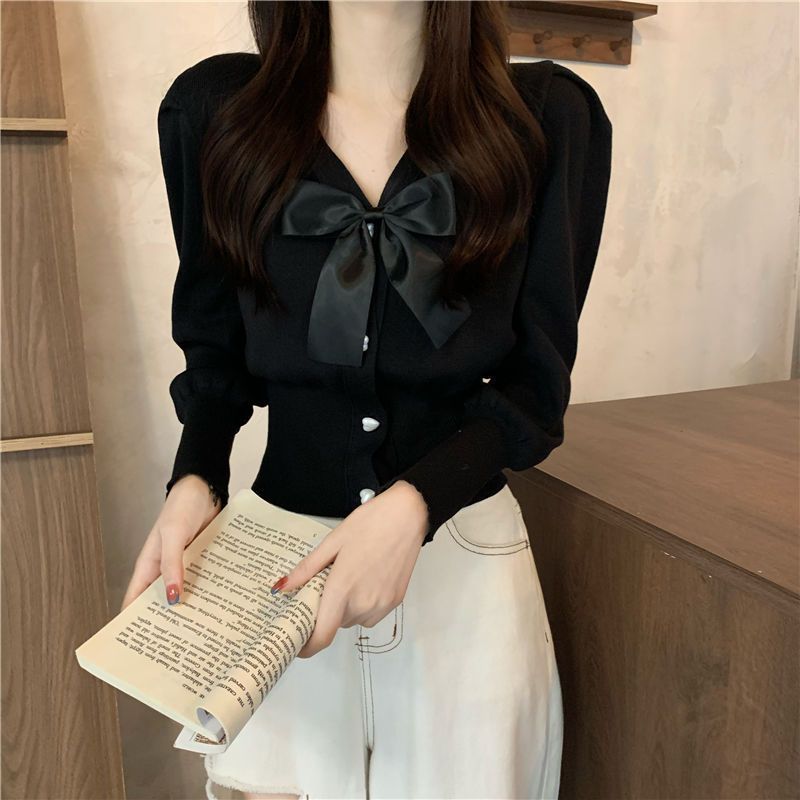 Áo sơ mi len kiểu nữ Cardigan Tay dài Phối nơ Dáng ôm Cổ V Áo len sơ mi nữ Kiểu dáng Cardigan Form ôm