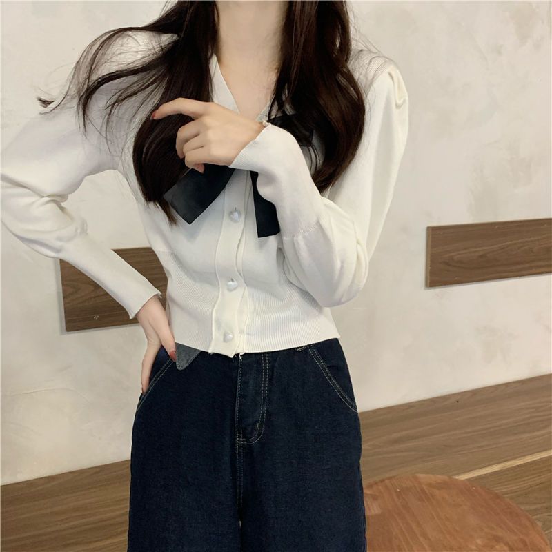 Áo sơ mi len kiểu nữ Cardigan Tay dài Phối nơ Dáng ôm Cổ V Áo len sơ mi nữ Kiểu dáng Cardigan Form ôm