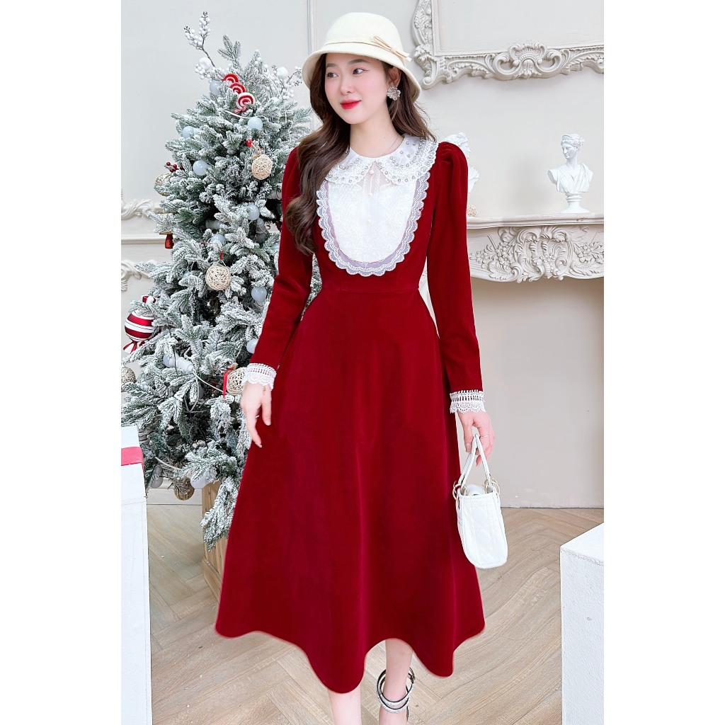 Váy nhung đỏ tiểu thư nổi bật hàng thiết kế - XU XU SHOP - Đầm nữ thu đông ấm áp cực tôn da cho nàng - ẢNH THẬT