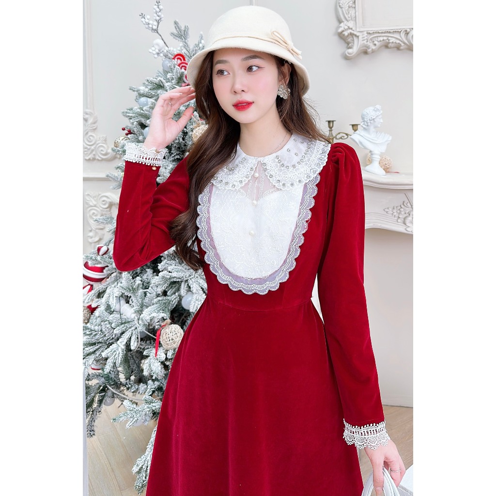 Váy nhung đỏ tiểu thư nổi bật hàng thiết kế - XU XU SHOP - Đầm nữ thu đông ấm áp cực tôn da cho nàng - ẢNH THẬT