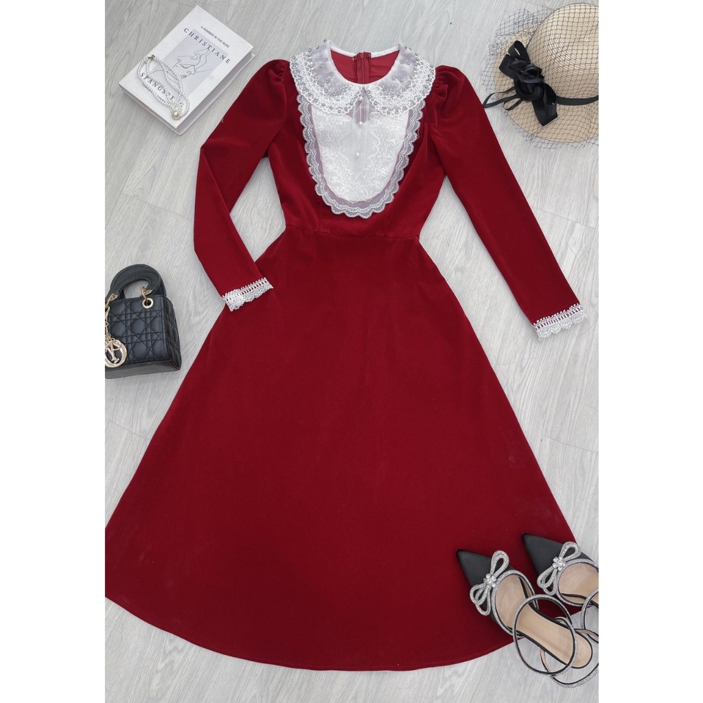 Váy nhung đỏ tiểu thư nổi bật hàng thiết kế - XU XU SHOP - Đầm nữ thu đông ấm áp cực tôn da cho nàng - ẢNH THẬT