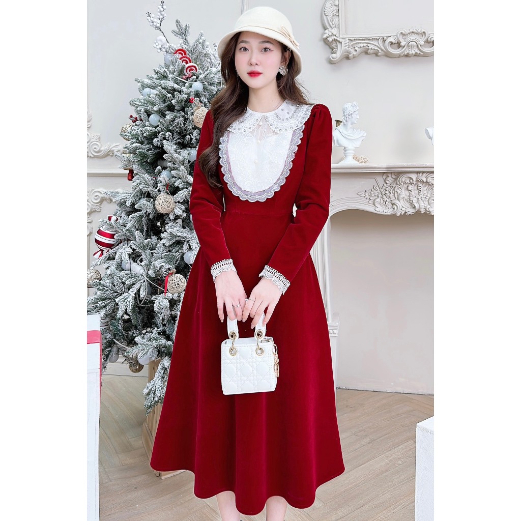 Váy nhung đỏ tiểu thư nổi bật hàng thiết kế - XU XU SHOP - Đầm nữ thu đông ấm áp cực tôn da cho nàng - ẢNH THẬT