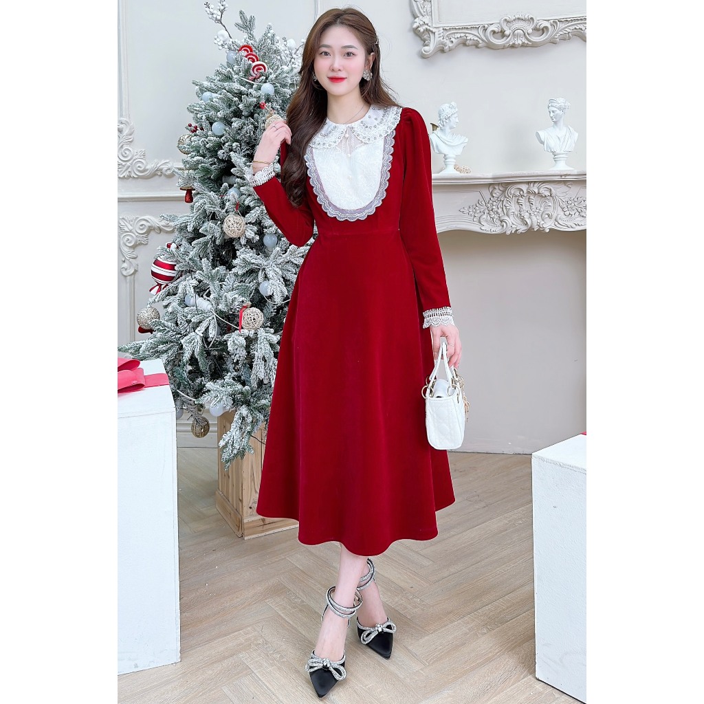 Váy nhung đỏ tiểu thư nổi bật hàng thiết kế - XU XU SHOP - Đầm nữ thu đông ấm áp cực tôn da cho nàng - ẢNH THẬT