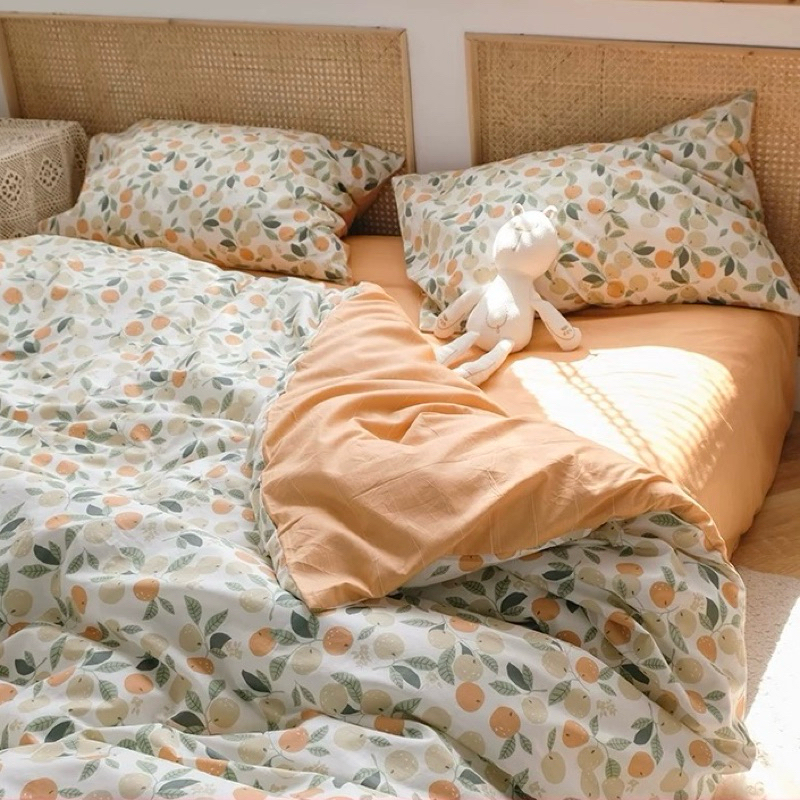 Set Chăn Ga Quả Cam Ga Kẻ Caro Cotton Living Thoáng Mát Siêu Xinh (Shinbedding_store)