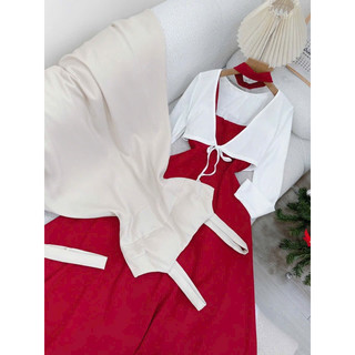 [ Set đầm dây kèm khoác crootop ] Áo peplum form dài mang 2 kiểu