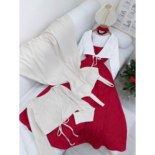 [ Set đầm dây kèm khoác crootop ] Áo peplum form dài mang 2 kiểu