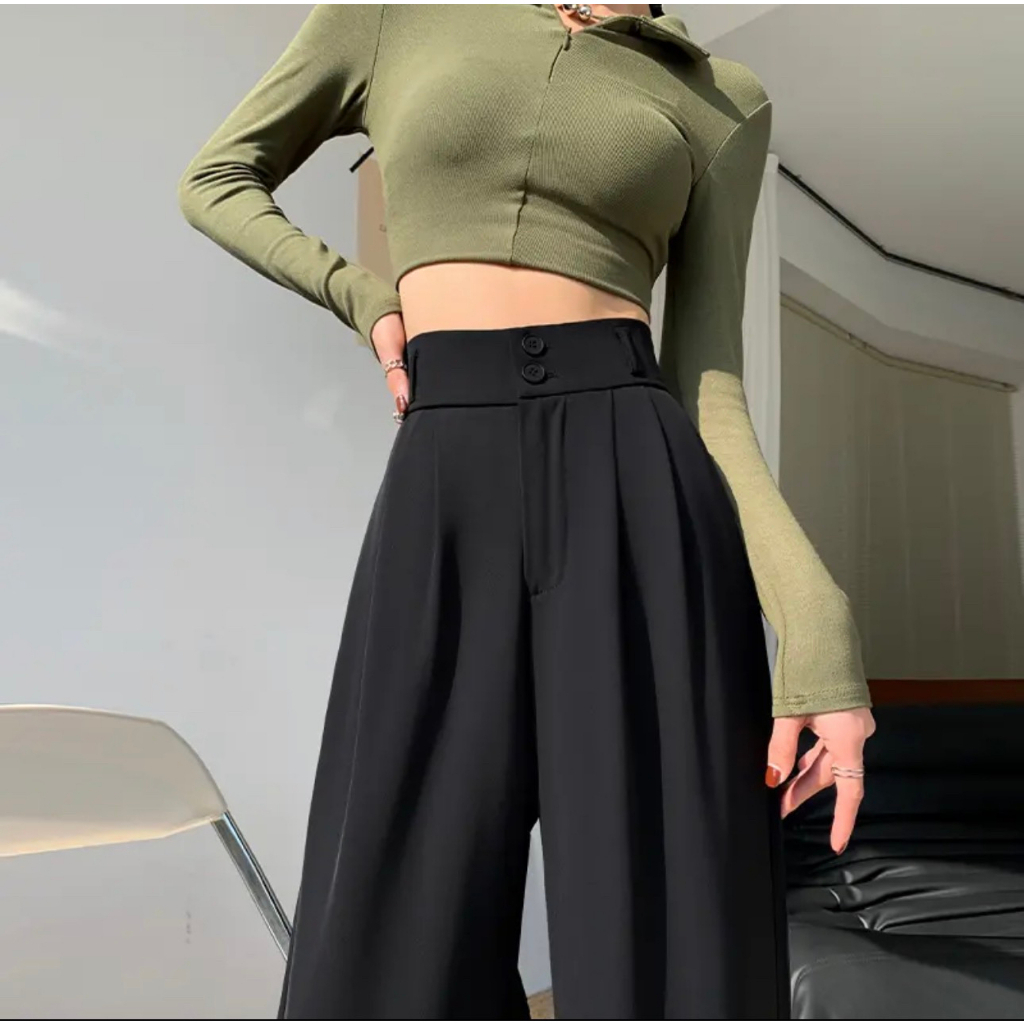 Quần Ống Rộng Nữ Lưng Cao Dài 100cm Hack Dáng,Quần Ống Suông Culottes 2 Khuy Bản Cạp To Ghen Bụng Chất Liệu Không Nhăn