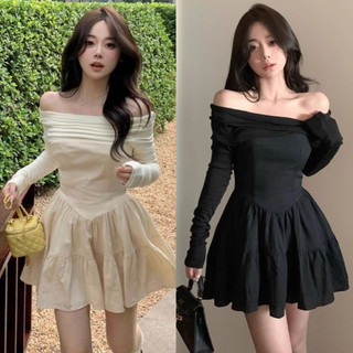 Đầm thun trễ vai dài tay dáng xoè tiểu thư sang chảnh co dãn 4 chiều hàng quảng châu cao cấp