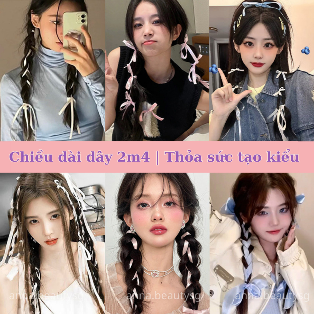 Dây ruy băng cột tóc dài nhiều màu sắc, dây ruy băng dễ thương phong cách y2k