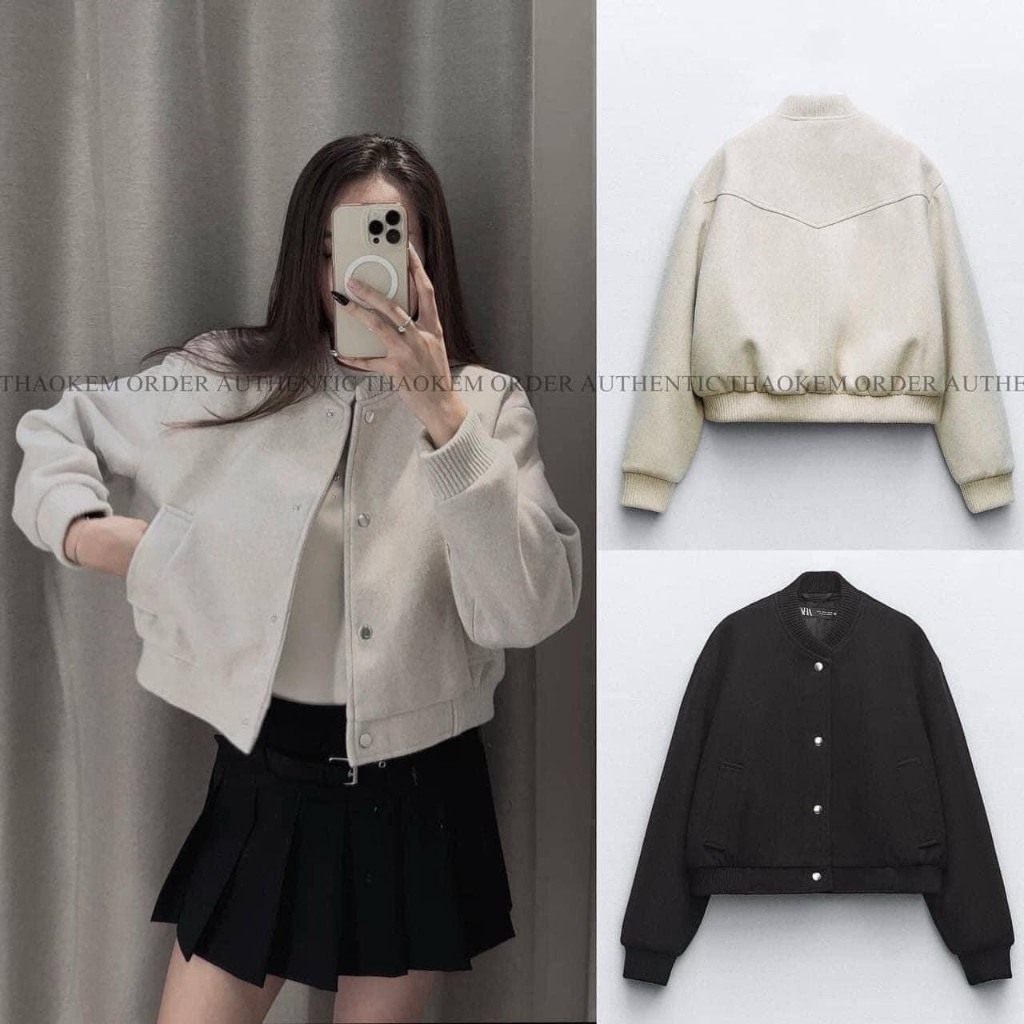 Áo bomber khoác dạ dáng ngắn cho nữ chất dạ ép dày dặn hai màu cúc bấm cổ trụ dáng basic thể thao ấm áp hàng fullsize