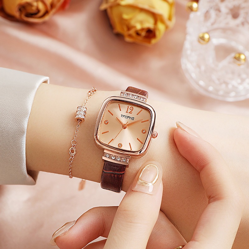 Đồng hồ TPOFHS nữ dây da phong cách Vintage nhẹ nhàng thanh lịch