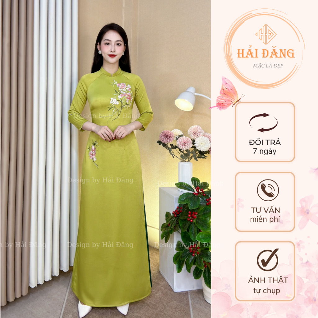 Áo dài màu xanh cốm thêu hoa chùm truyền thống Hải Đăng lụa tây thi mềm mượt co giãn tay lỡ cổ cao 2 cm đẹp tôn dáng