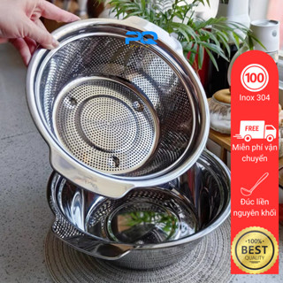 Bộ thau rổ lọc Chockmen inox 304 vo gạo rửa rau củ quả lưới nhỏ kèm khay chẩu rửa 18/10