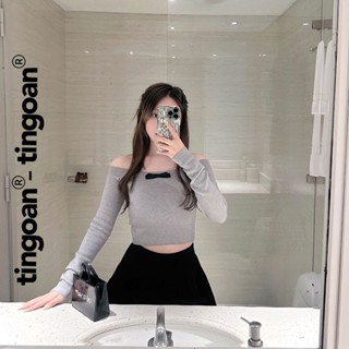 TINGOAN® - Áo len xù trễ vai xám đính nơ giữa LIM LIM TOP/GR