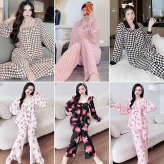 [FREESHIP] Đồ Bộ Tay Dài Cổ Sen 50-100kg Bigsize Lụa Nhật Mặc Nhà Cho Nàng Múp