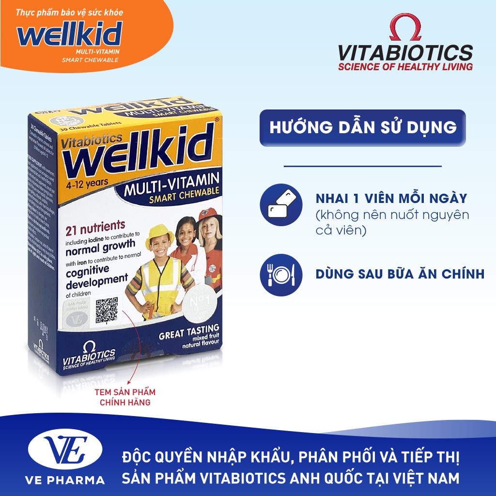 Viên Nén Nhai Vitabiotics WELLKID MULTI-VITAMIN SMART CHEWABLE Hỗ Trợ Nâng Cao Sức Đề Kháng Cho Trẻ Em Hộp 30 Viên