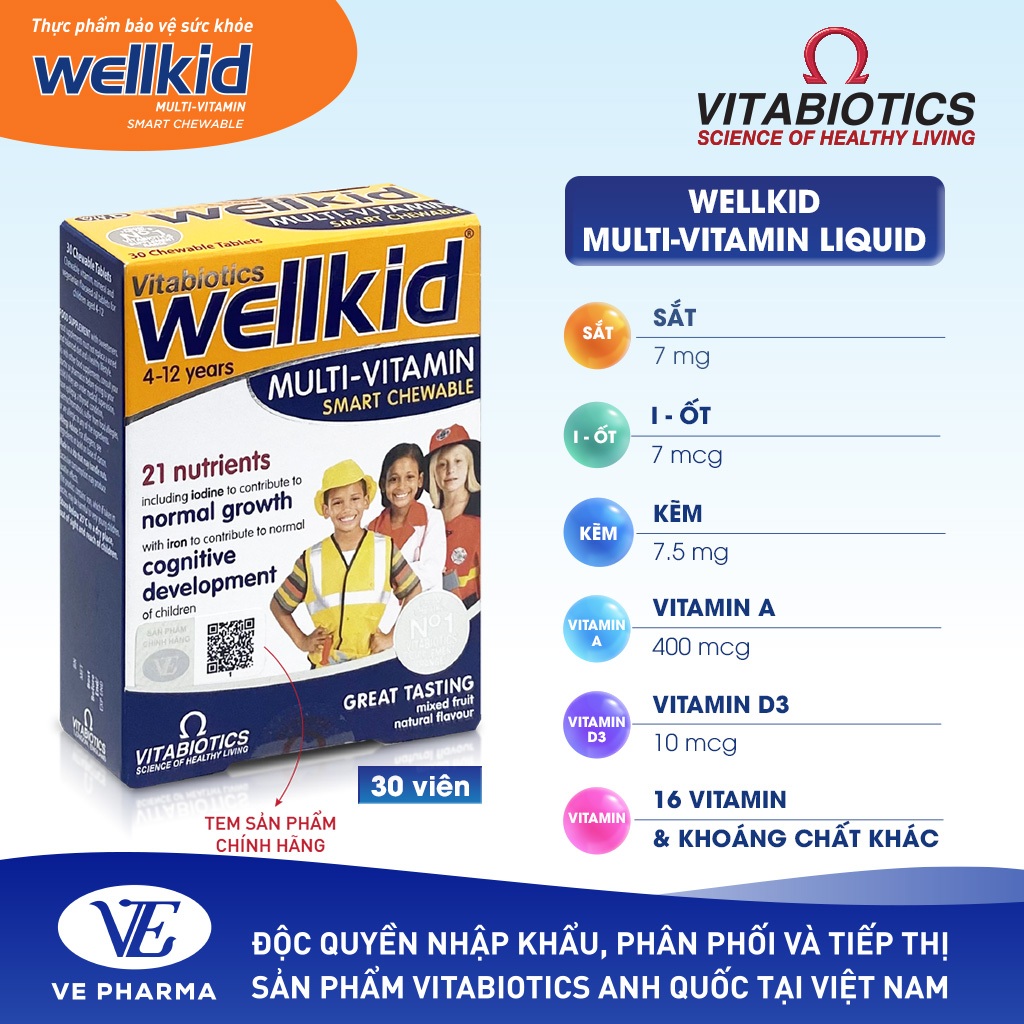 Viên Nén Nhai Vitabiotics WELLKID MULTI-VITAMIN SMART CHEWABLE Hỗ Trợ Nâng Cao Sức Đề Kháng Cho Trẻ Em Hộp 30 Viên