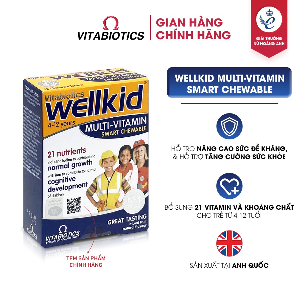 Viên Nén Nhai Vitabiotics WELLKID MULTI-VITAMIN SMART CHEWABLE Hỗ Trợ Nâng Cao Sức Đề Kháng Cho Trẻ Em Hộp 30 Viên