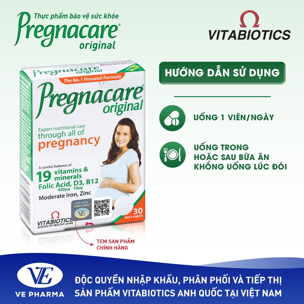 Viên Uống Cho Phụ Nữ Mang Thai Và Cho Con Bú Vitabiotics PREGNACARE ORIGINAL Bổ Sung Vitamin & Khoáng Chất Hộp 30 Viên