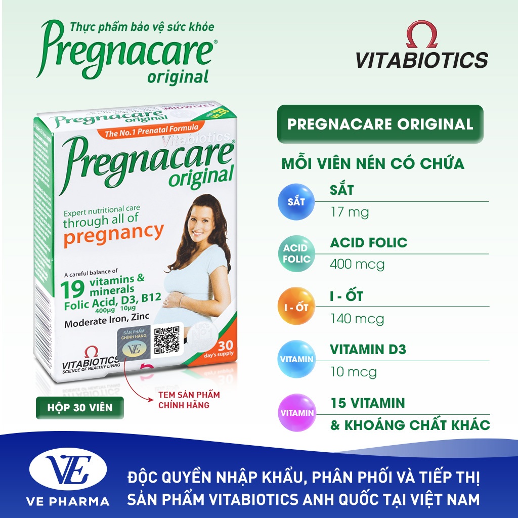 Viên Uống Cho Phụ Nữ Mang Thai Và Cho Con Bú Vitabiotics PREGNACARE ORIGINAL Bổ Sung Vitamin & Khoáng Chất Hộp 30 Viên