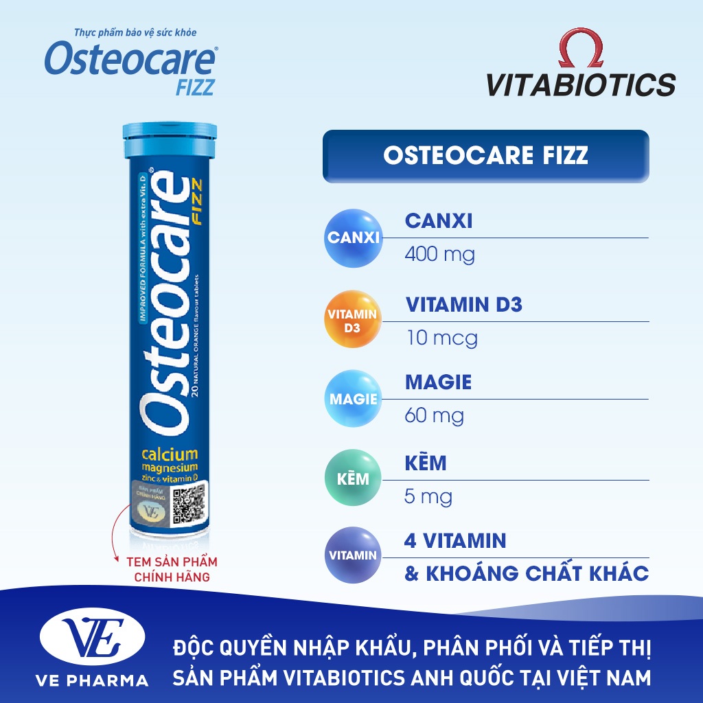 Viên Nén Sủi Vitabiotics OSTEOCARE FIZZ Hỗ Trợ Giúp Xương, Răng Chắc Khỏe Cho Người Trưởng Thành Ống 20 Viên