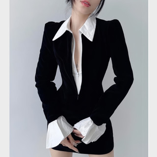 ( Loại I ) Joie Dress Đầm nhung tay bồng xòe phối sơ mi CC hai lớp thời thượng sang chảnh