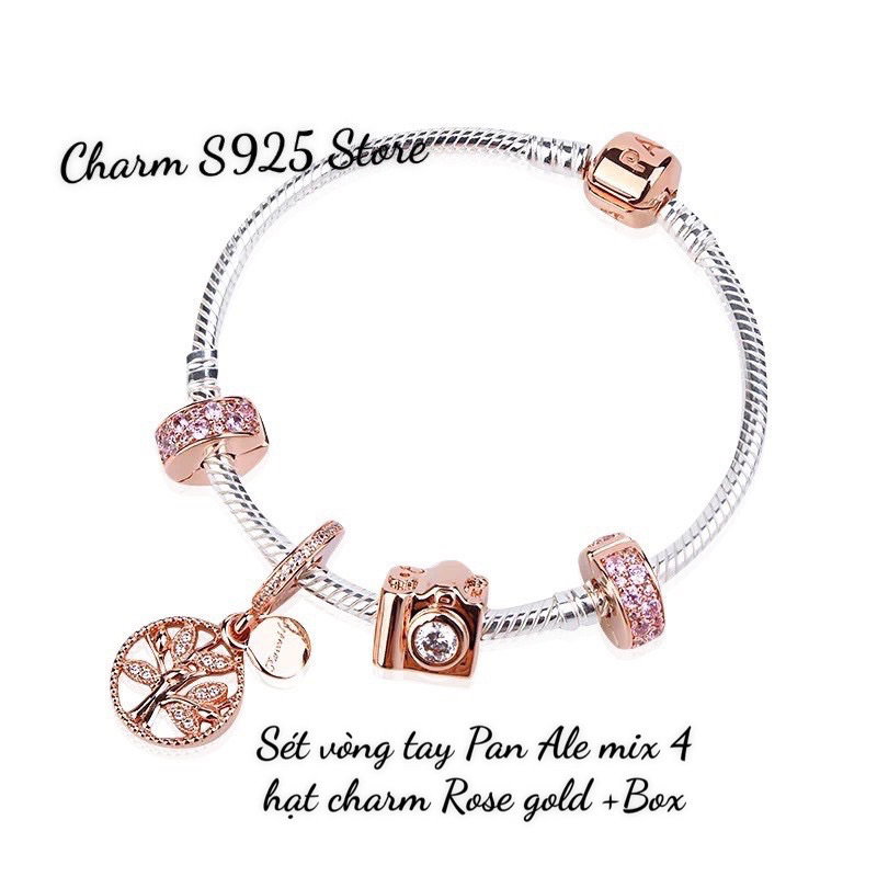 BỘ VÒNG TAY PAN ALE DÂY MỀM MIX 4 HẠT CHARM ROSE GOLD HÀNG CAO CẤP