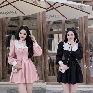 Đầm tiểu thư cổ phối bèo buộc nơ dáng ngắn xoè