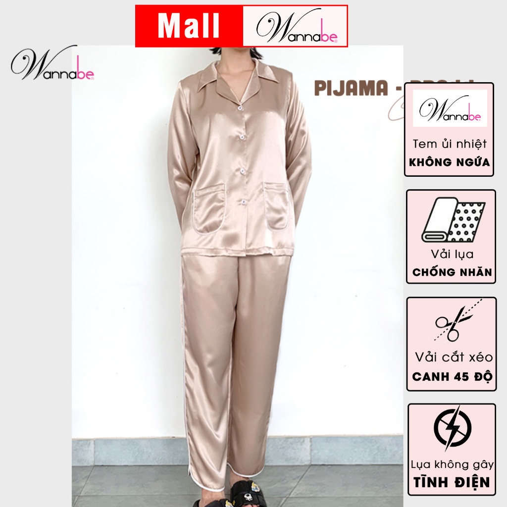 Đồ bộ mặc nhà pijama nữ WANNABE BDS44 đồ bộ quần dài phối áo tay dài trang trí hai túi bo tròn xinh xắn nữ tính quý phái
