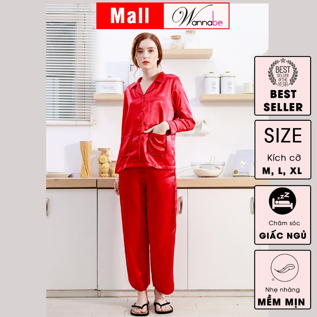 Đồ bộ mặc nhà pijama nữ WANNABE BDS44 đồ bộ quần dài phối áo tay dài trang trí hai túi bo tròn xinh xắn nữ tính quý phái